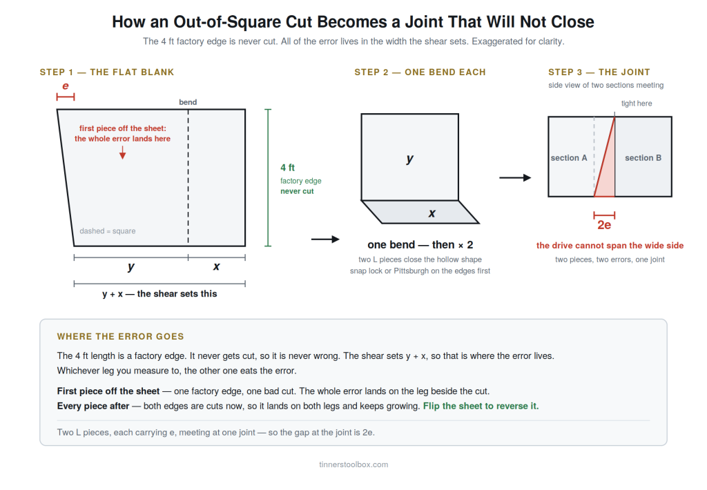 Diagram showing how an out-of-square sheet metal cut creates a wedge gap at a duct joint