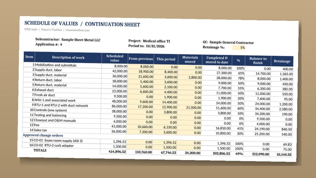 HVAC schedule of values continuation sheet with scheduled values, work this period, stored materials, retainage and change orders