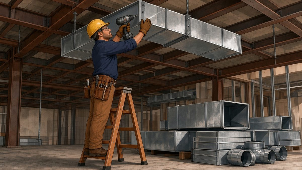 What is a tinner - HVAC duct installer hanging sheet metal duct on a job site